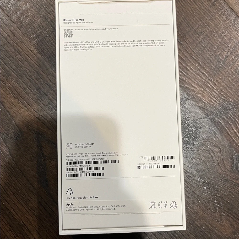 Original Apple Empty Box iPhone 16 Pro Max Black Titanium 256GB BOX ONLY